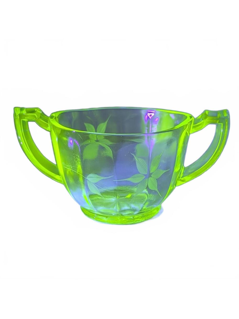 Jeannette Glass Etched Green Depression Uranium Open Sugar Bowl